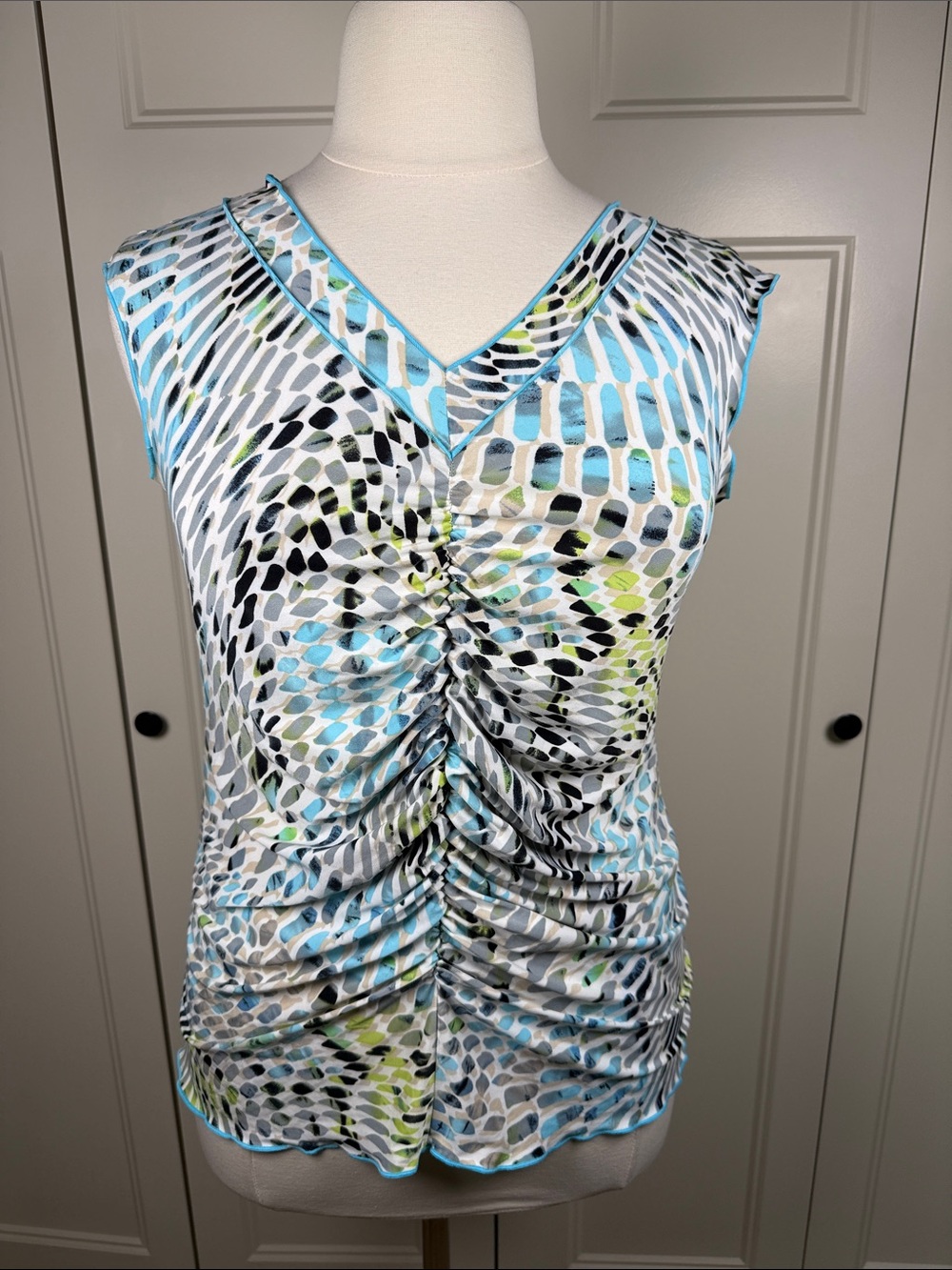 Essentials by Milano Ruched V-Neck Shell in Blue, White & Lime